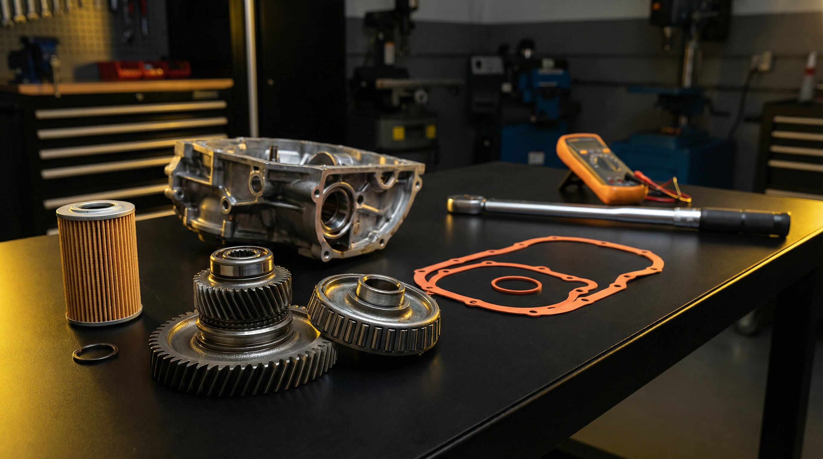 Premium European transmission parts on professional workbench